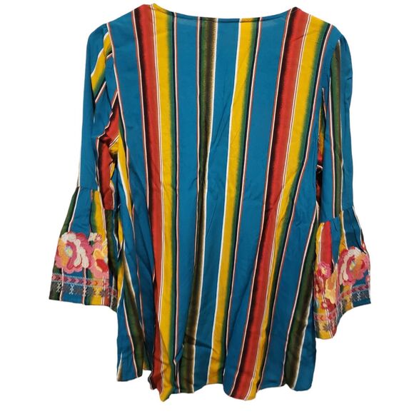 Savanna Jane Size Small Serape Stripe Embroidered Bell Sleeve Boho Tunic Blouse - Picture 8 of 9